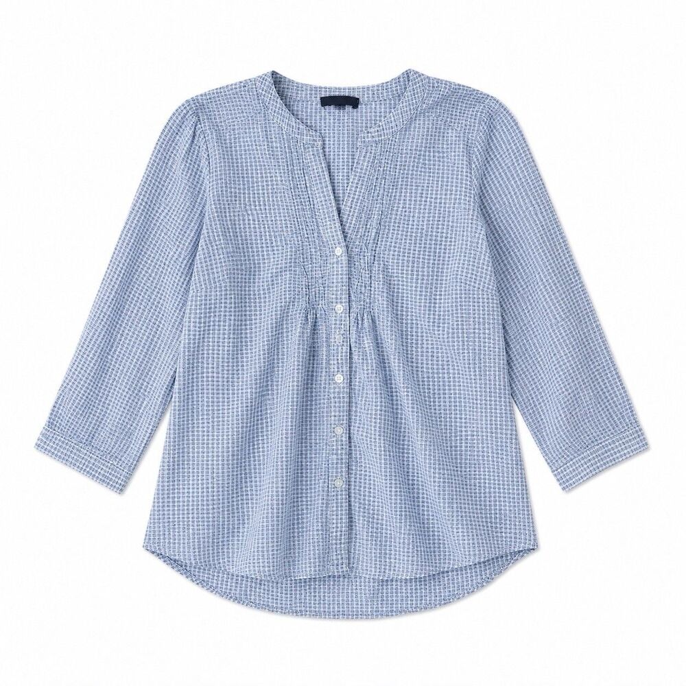 Renuar Blue Gingham Cotton Gauze Blouse Roll Tab High Low Sheer Top Medium - Picture 2 of 9